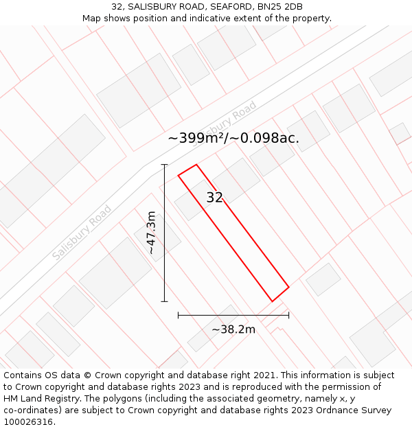 32, SALISBURY ROAD, SEAFORD, BN25 2DB: Plot and title map