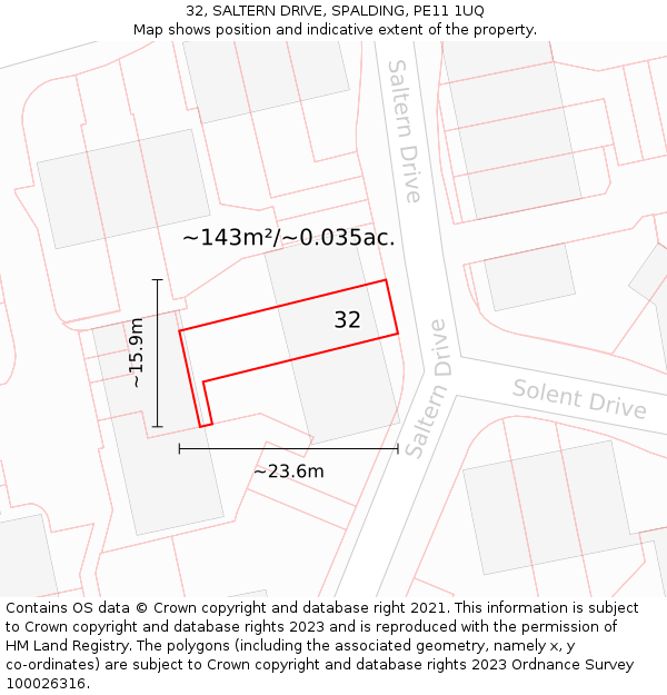 32, SALTERN DRIVE, SPALDING, PE11 1UQ: Plot and title map