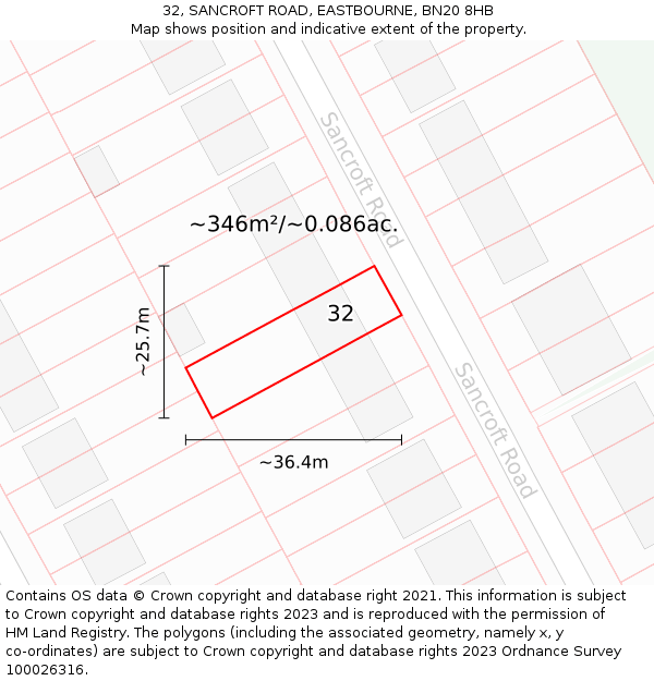 32, SANCROFT ROAD, EASTBOURNE, BN20 8HB: Plot and title map