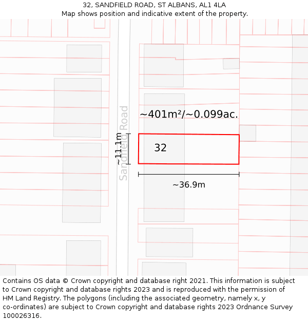 32, SANDFIELD ROAD, ST ALBANS, AL1 4LA: Plot and title map