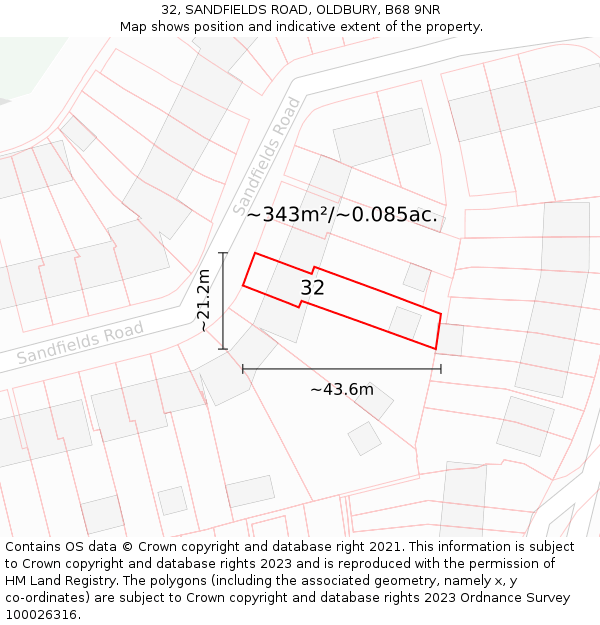 32, SANDFIELDS ROAD, OLDBURY, B68 9NR: Plot and title map