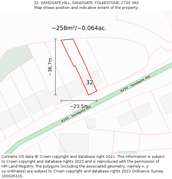 32, SANDGATE HILL, SANDGATE, FOLKESTONE, CT20 3AX: Plot and title map