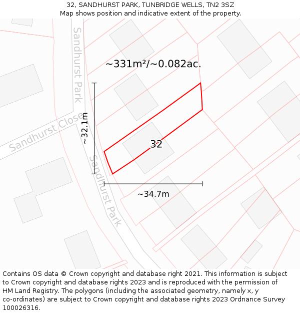 32, SANDHURST PARK, TUNBRIDGE WELLS, TN2 3SZ: Plot and title map