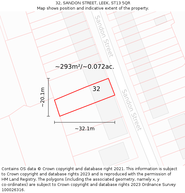 32, SANDON STREET, LEEK, ST13 5QR: Plot and title map