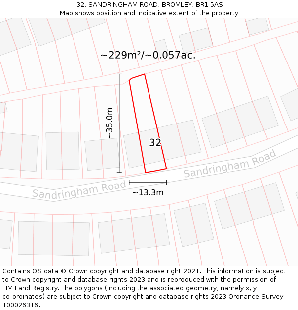 32, SANDRINGHAM ROAD, BROMLEY, BR1 5AS: Plot and title map