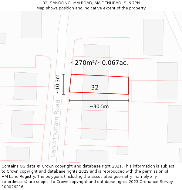 32, SANDRINGHAM ROAD, MAIDENHEAD, SL6 7PN: Plot and title map
