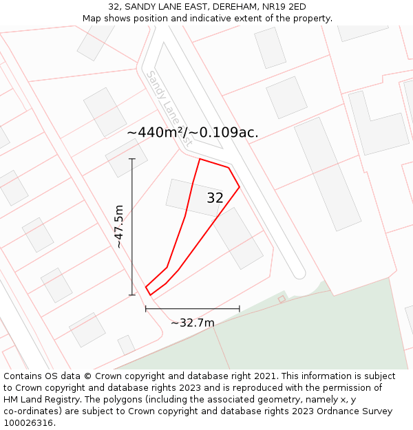 32, SANDY LANE EAST, DEREHAM, NR19 2ED: Plot and title map