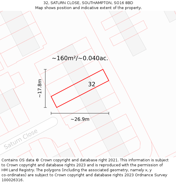 32, SATURN CLOSE, SOUTHAMPTON, SO16 8BD: Plot and title map