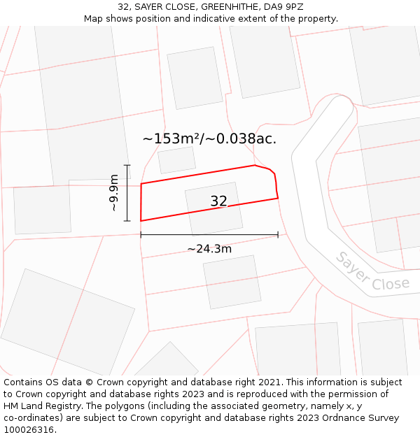 32, SAYER CLOSE, GREENHITHE, DA9 9PZ: Plot and title map