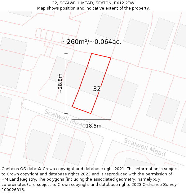 32, SCALWELL MEAD, SEATON, EX12 2DW: Plot and title map
