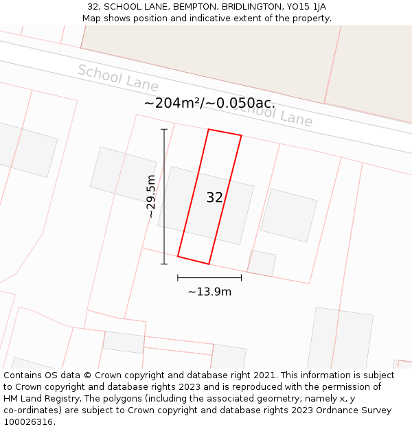 32, SCHOOL LANE, BEMPTON, BRIDLINGTON, YO15 1JA: Plot and title map