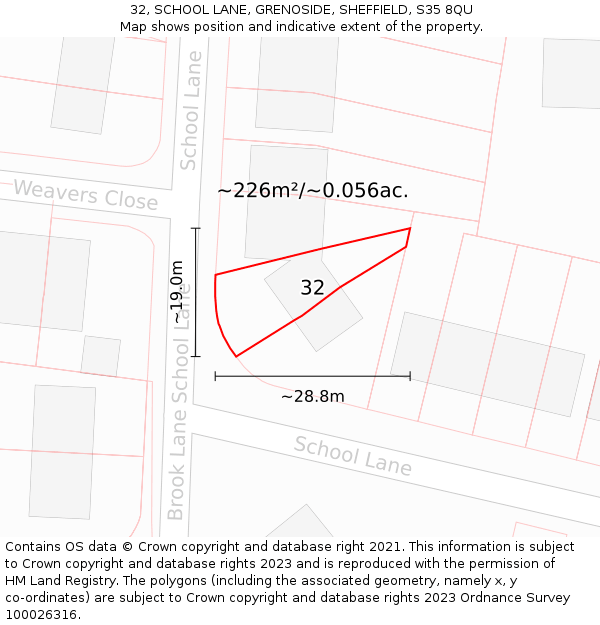 32, SCHOOL LANE, GRENOSIDE, SHEFFIELD, S35 8QU: Plot and title map