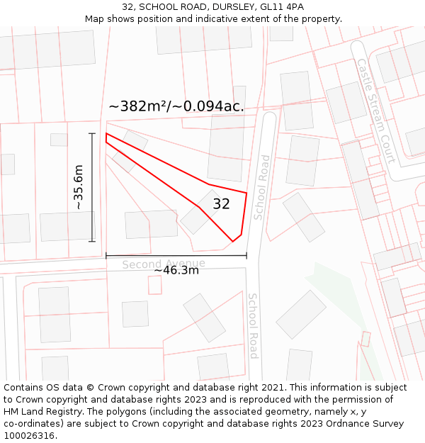 32, SCHOOL ROAD, DURSLEY, GL11 4PA: Plot and title map