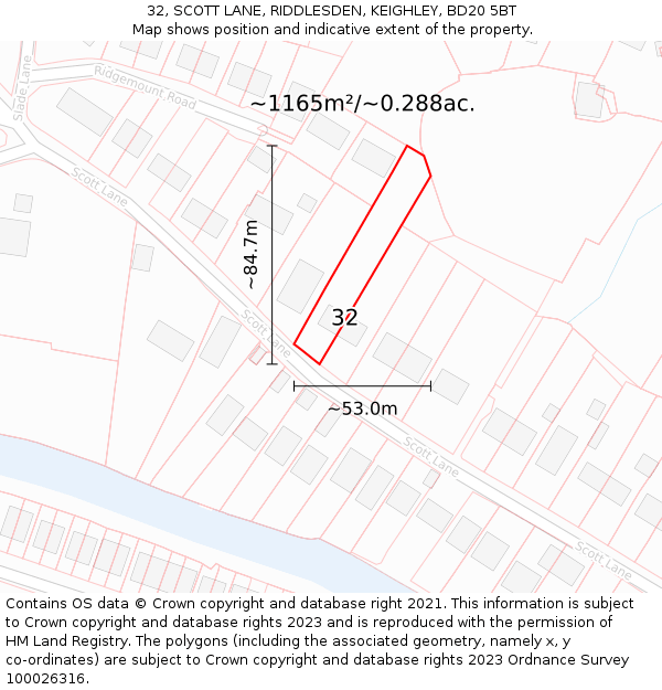 32, SCOTT LANE, RIDDLESDEN, KEIGHLEY, BD20 5BT: Plot and title map