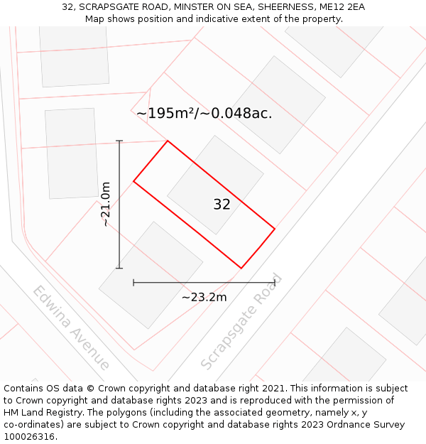 32, SCRAPSGATE ROAD, MINSTER ON SEA, SHEERNESS, ME12 2EA: Plot and title map