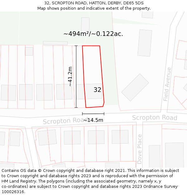 32, SCROPTON ROAD, HATTON, DERBY, DE65 5DS: Plot and title map