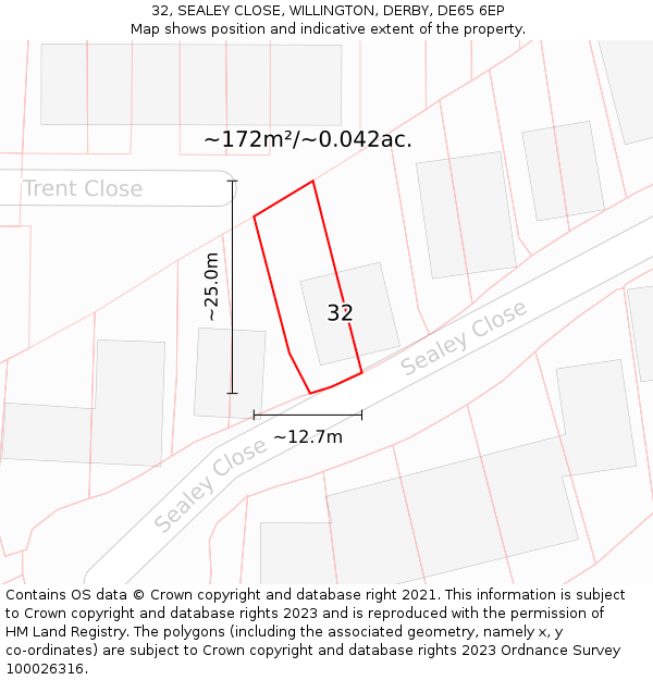 32, SEALEY CLOSE, WILLINGTON, DERBY, DE65 6EP: Plot and title map
