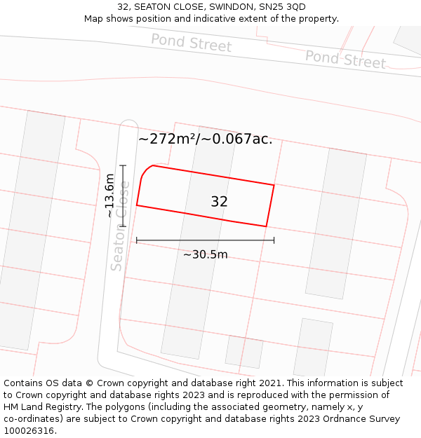 32, SEATON CLOSE, SWINDON, SN25 3QD: Plot and title map