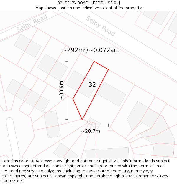 32, SELBY ROAD, LEEDS, LS9 0HJ: Plot and title map