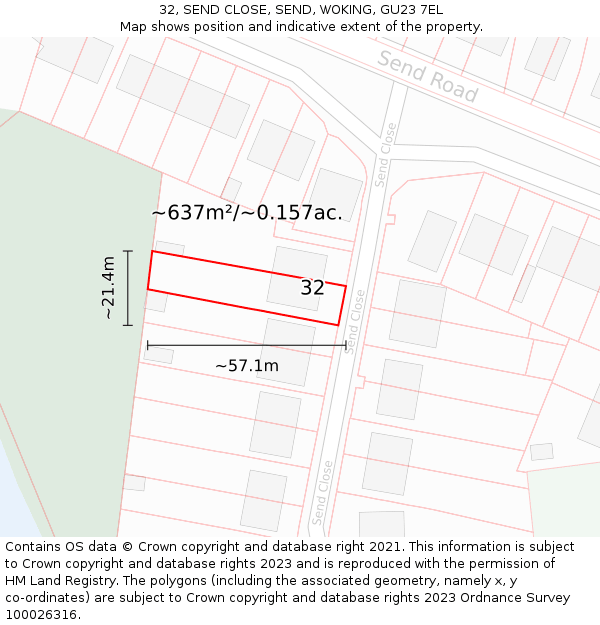 32, SEND CLOSE, SEND, WOKING, GU23 7EL: Plot and title map