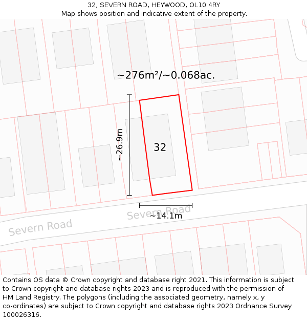 32, SEVERN ROAD, HEYWOOD, OL10 4RY: Plot and title map