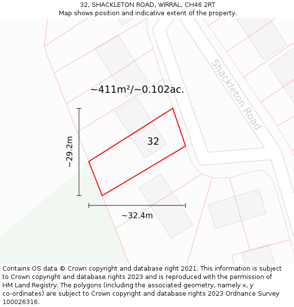 32, SHACKLETON ROAD, WIRRAL, CH46 2RT: Plot and title map