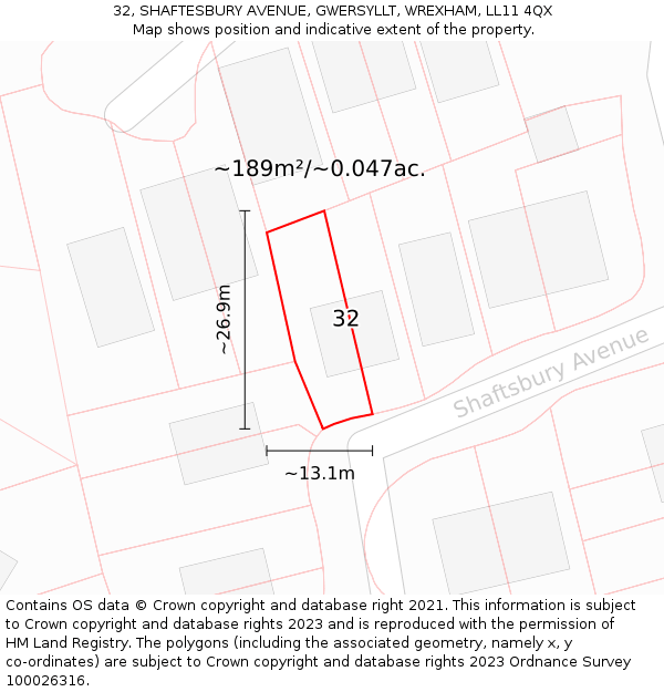 32, SHAFTESBURY AVENUE, GWERSYLLT, WREXHAM, LL11 4QX: Plot and title map