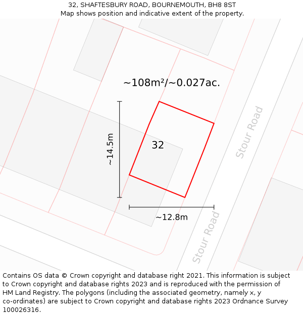 32, SHAFTESBURY ROAD, BOURNEMOUTH, BH8 8ST: Plot and title map