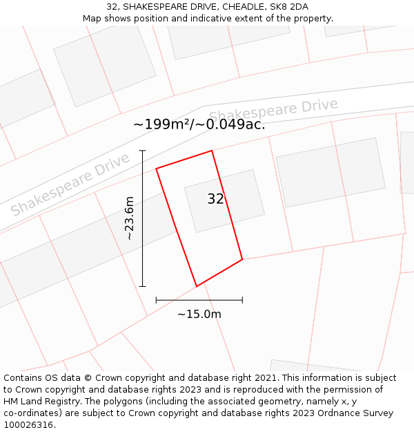 32, SHAKESPEARE DRIVE, CHEADLE, SK8 2DA: Plot and title map