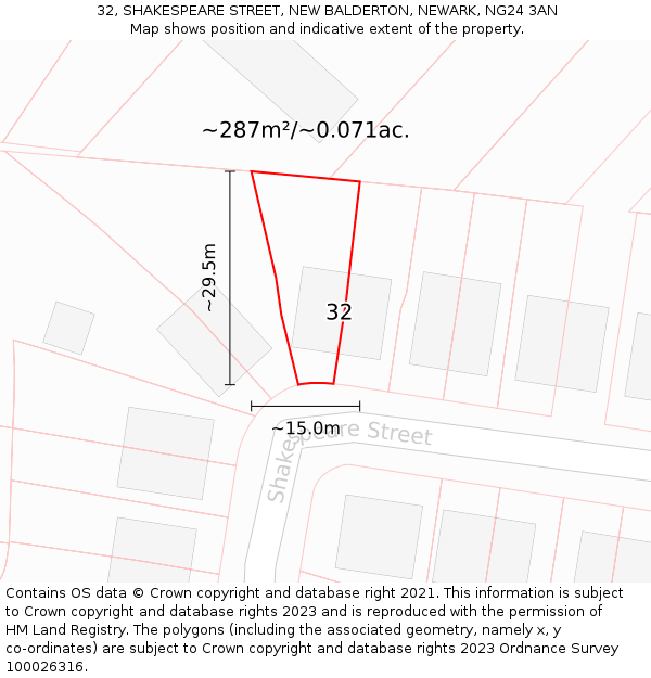 32, SHAKESPEARE STREET, NEW BALDERTON, NEWARK, NG24 3AN: Plot and title map