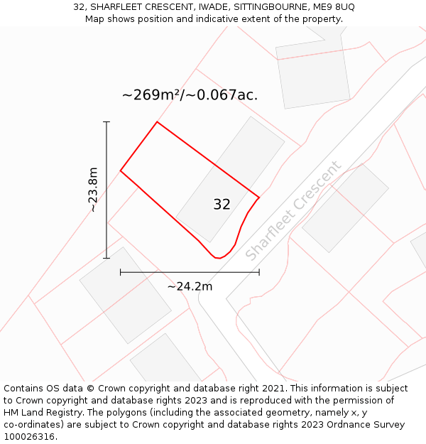 32, SHARFLEET CRESCENT, IWADE, SITTINGBOURNE, ME9 8UQ: Plot and title map