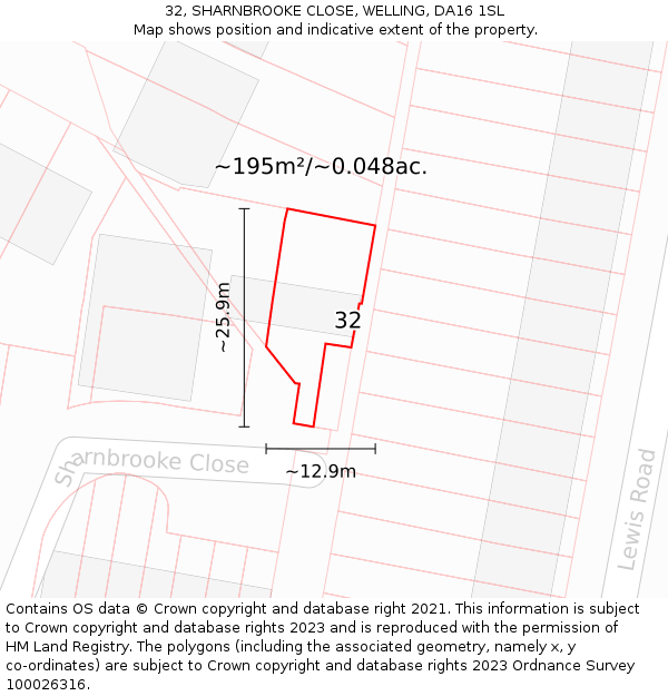 32, SHARNBROOKE CLOSE, WELLING, DA16 1SL: Plot and title map