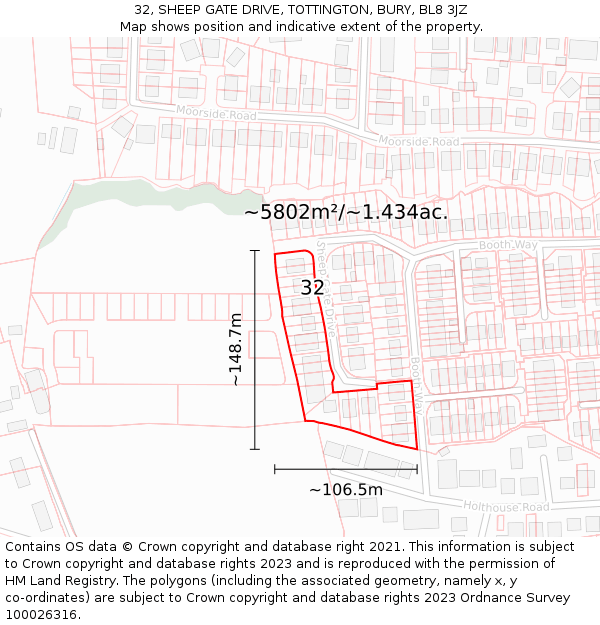 32, SHEEP GATE DRIVE, TOTTINGTON, BURY, BL8 3JZ: Plot and title map