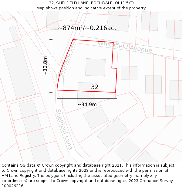32, SHELFIELD LANE, ROCHDALE, OL11 5YD: Plot and title map