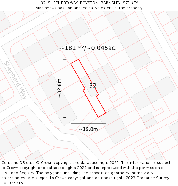 32, SHEPHERD WAY, ROYSTON, BARNSLEY, S71 4FY: Plot and title map