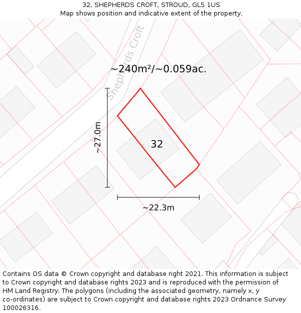 32, SHEPHERDS CROFT, STROUD, GL5 1US: Plot and title map