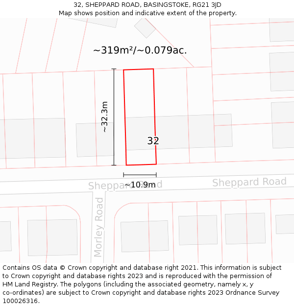 32, SHEPPARD ROAD, BASINGSTOKE, RG21 3JD: Plot and title map