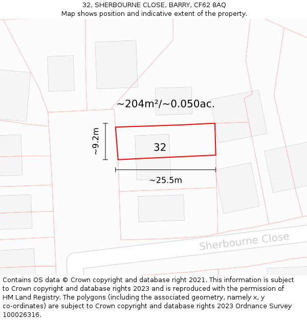 32, SHERBOURNE CLOSE, BARRY, CF62 8AQ: Plot and title map