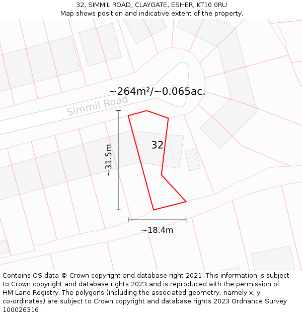 32, SIMMIL ROAD, CLAYGATE, ESHER, KT10 0RU: Plot and title map
