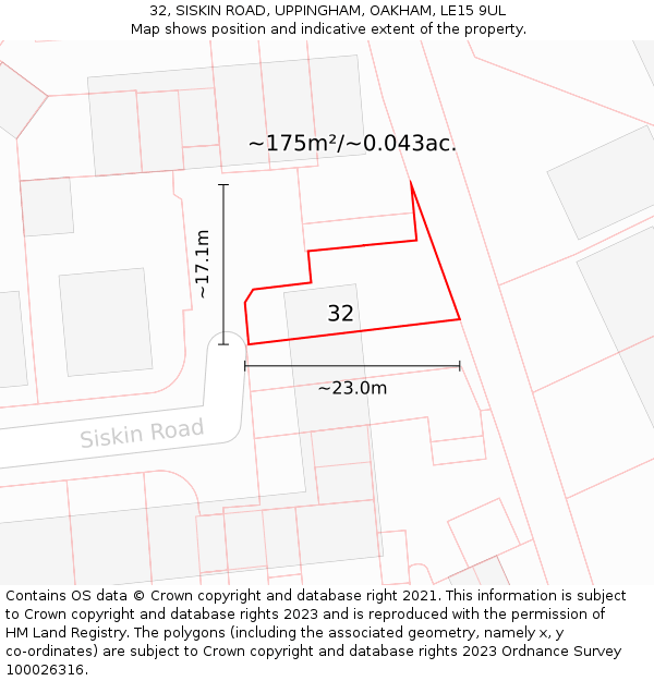 32, SISKIN ROAD, UPPINGHAM, OAKHAM, LE15 9UL: Plot and title map