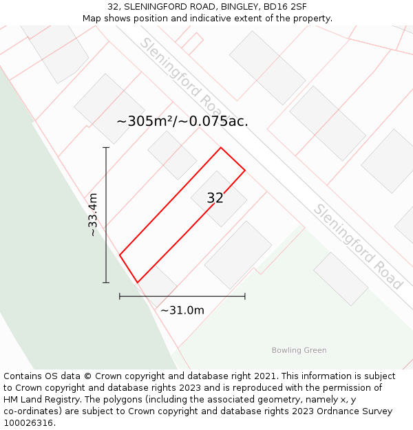 32, SLENINGFORD ROAD, BINGLEY, BD16 2SF: Plot and title map