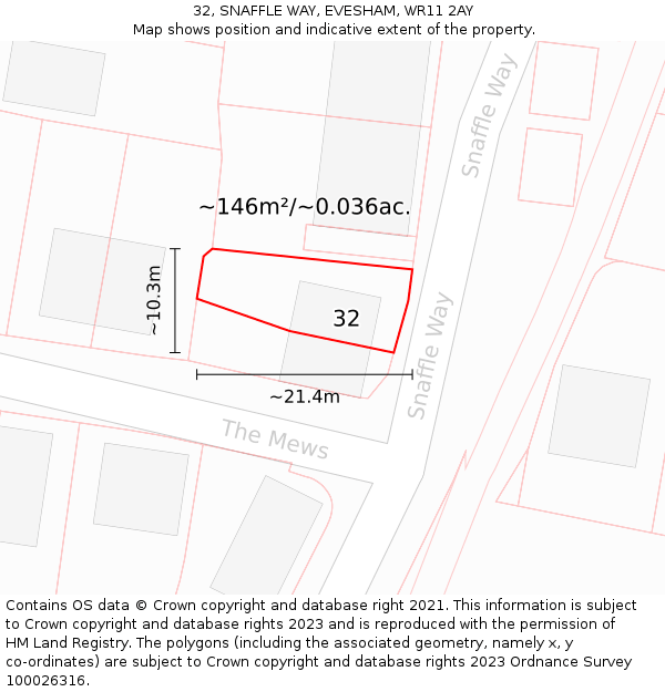 32, SNAFFLE WAY, EVESHAM, WR11 2AY: Plot and title map
