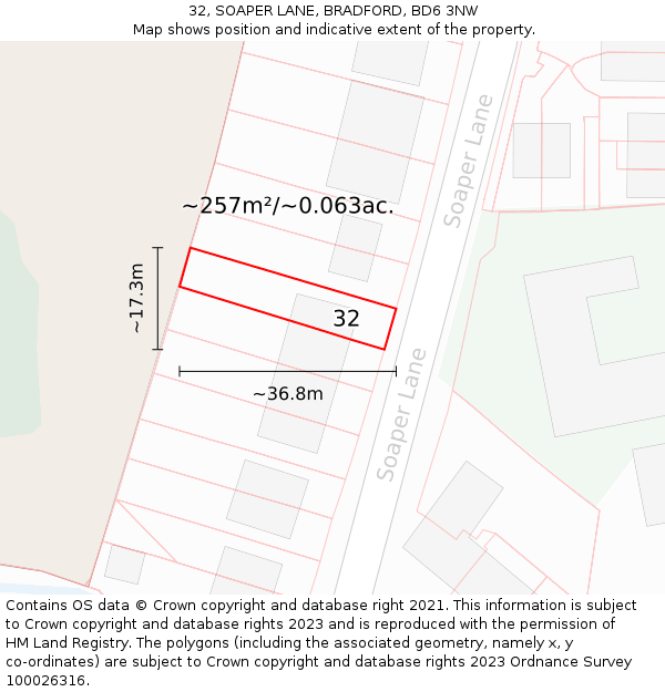 32, SOAPER LANE, BRADFORD, BD6 3NW: Plot and title map
