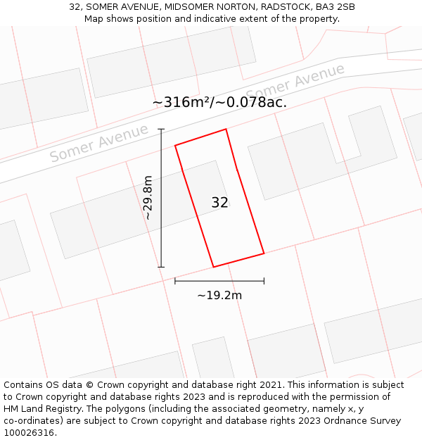 32, SOMER AVENUE, MIDSOMER NORTON, RADSTOCK, BA3 2SB: Plot and title map