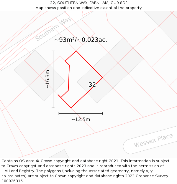32, SOUTHERN WAY, FARNHAM, GU9 8DF: Plot and title map