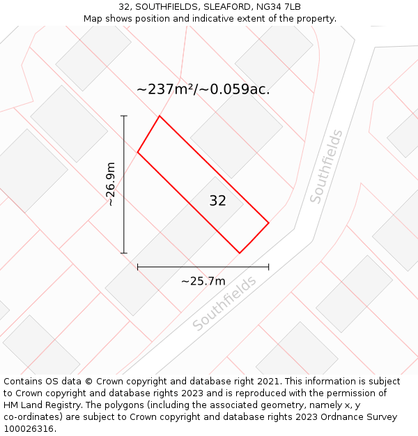 32, SOUTHFIELDS, SLEAFORD, NG34 7LB: Plot and title map