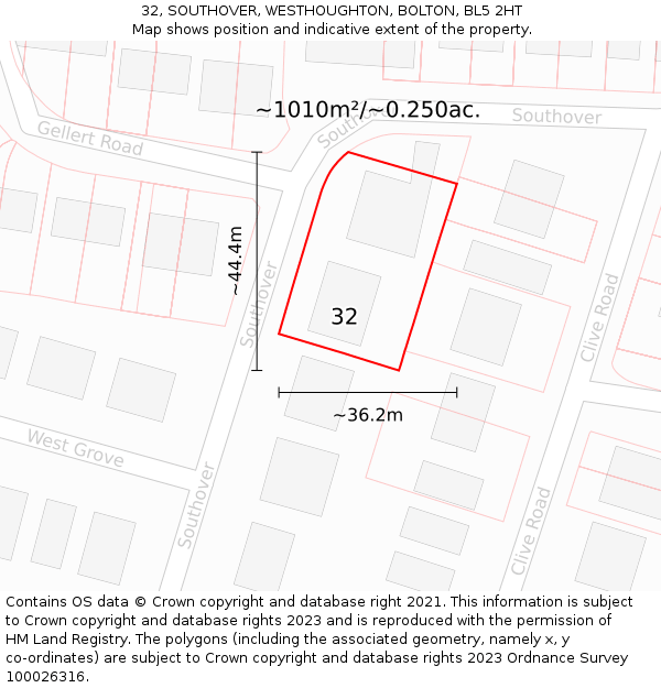 32, SOUTHOVER, WESTHOUGHTON, BOLTON, BL5 2HT: Plot and title map