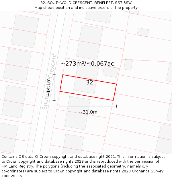 32, SOUTHWOLD CRESCENT, BENFLEET, SS7 5SW: Plot and title map