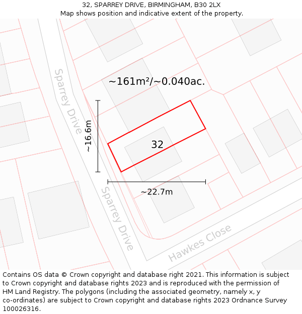 32, SPARREY DRIVE, BIRMINGHAM, B30 2LX: Plot and title map