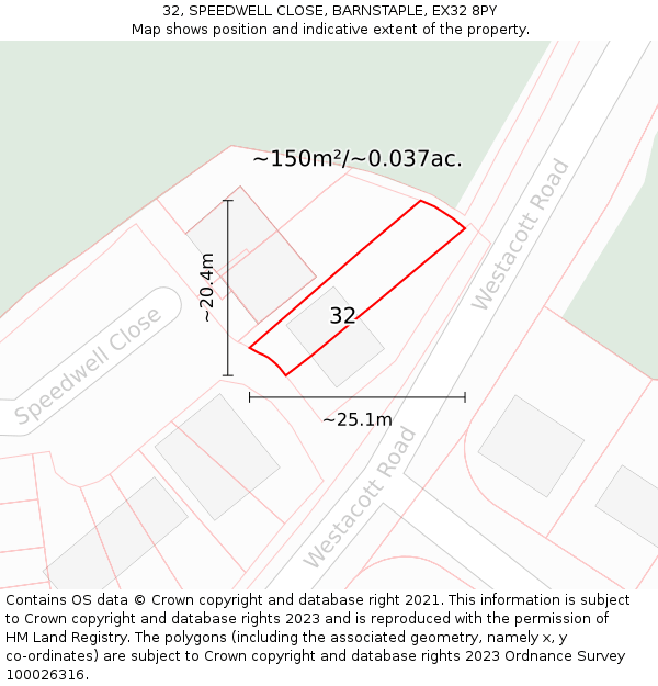 32, SPEEDWELL CLOSE, BARNSTAPLE, EX32 8PY: Plot and title map